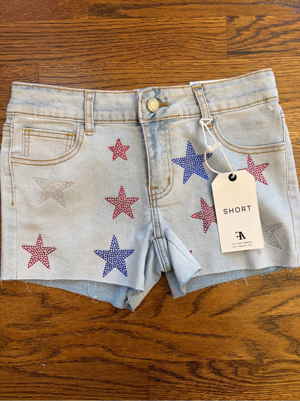 Flying Angel Girls Denim Shorts with Rhinestone Star Accents, Size 14